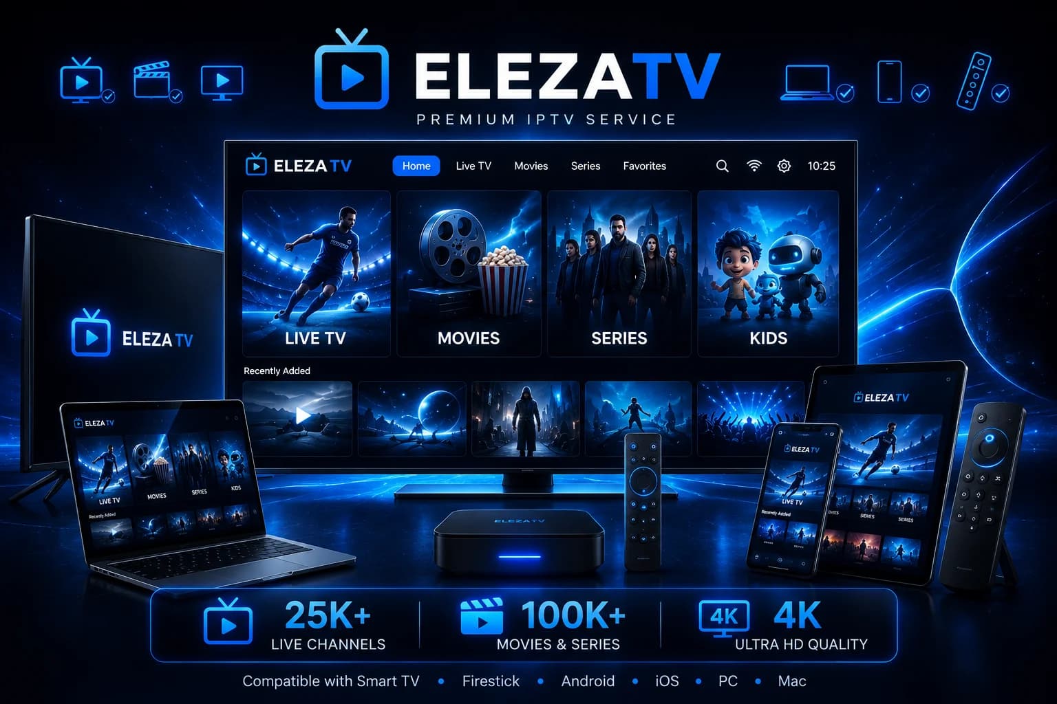 Eleza TV IPTV interface shown across Smart TV, laptop, tablet and phone
